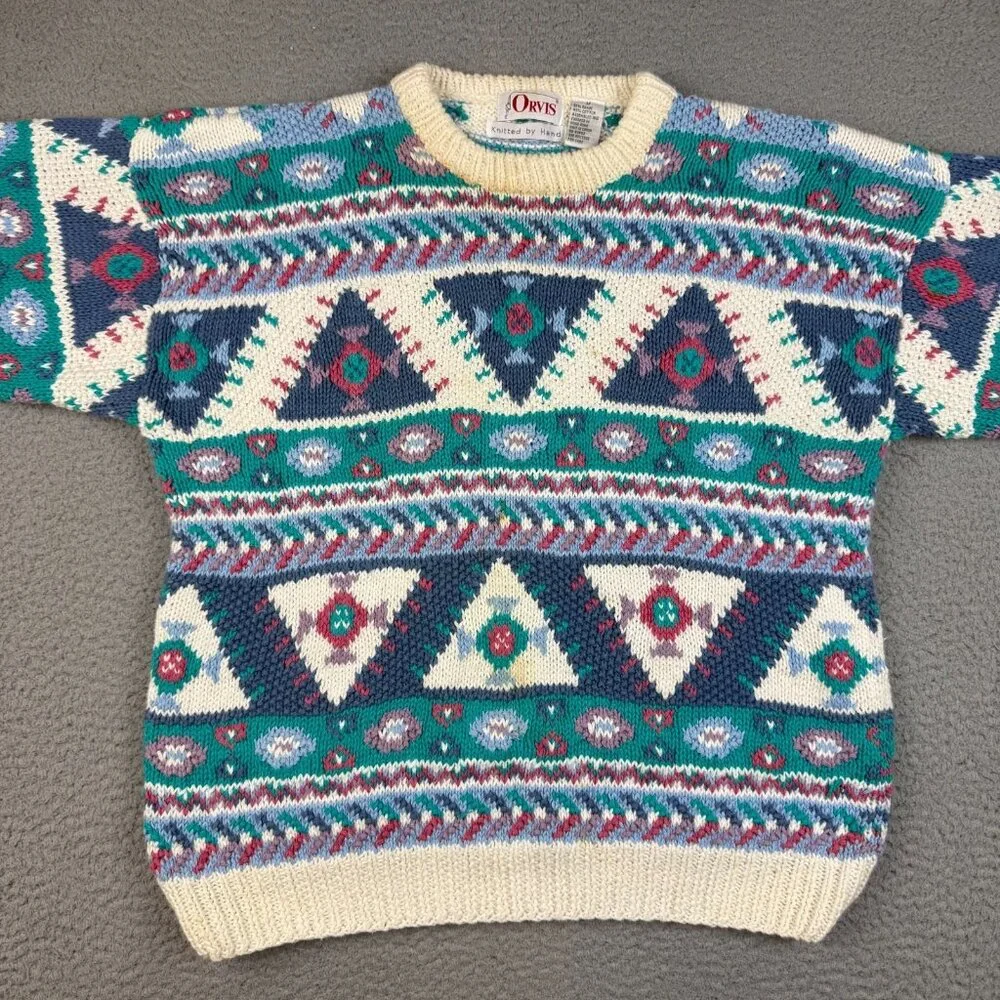 Orvis Sweater Mens Medium Cream Multicolor Geometric Aztec Crewneck Hand Knitted - Picture 4 of 9